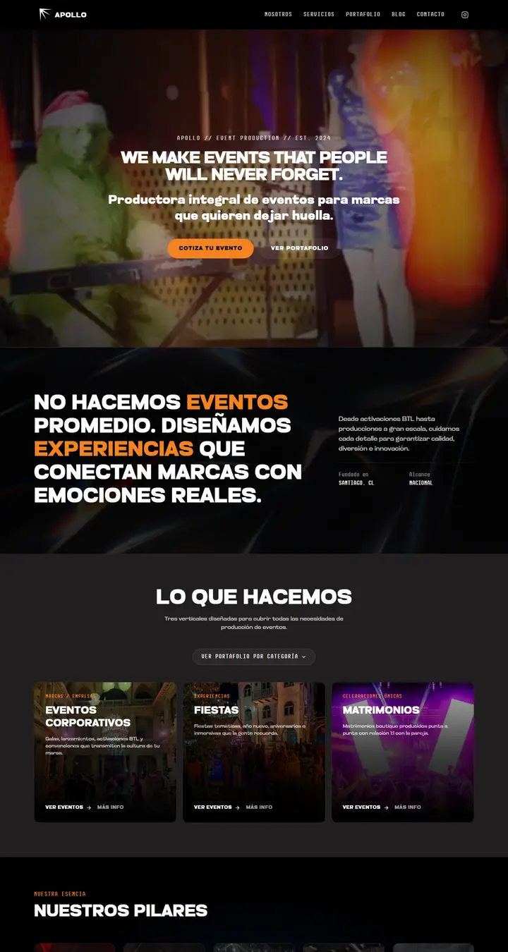 Página web de Apollo Producciones, productora de eventos en Santiago